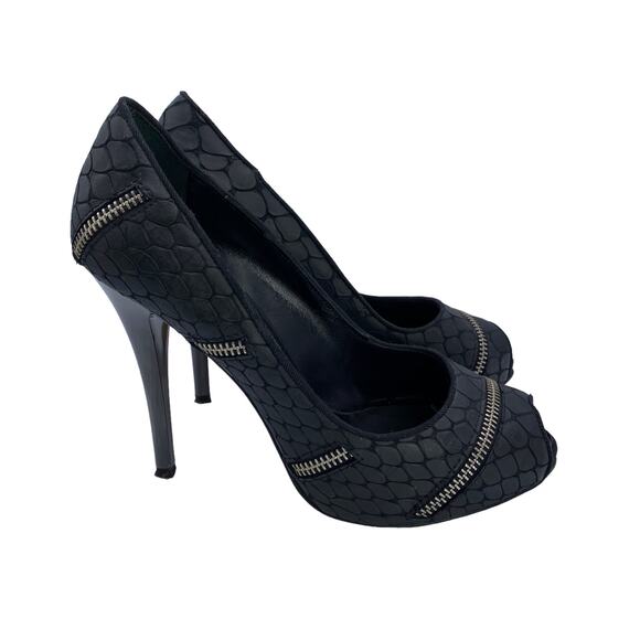 Giuseppe Zanotti Black Snakeskin Peep Toe Heels, Size 8, Zipper Detail Pumps - Picture 2 of 10
